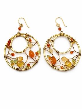 Hand made Gold-Tone Hoop Earrings with Orange, Yellow & Green Bead Accents